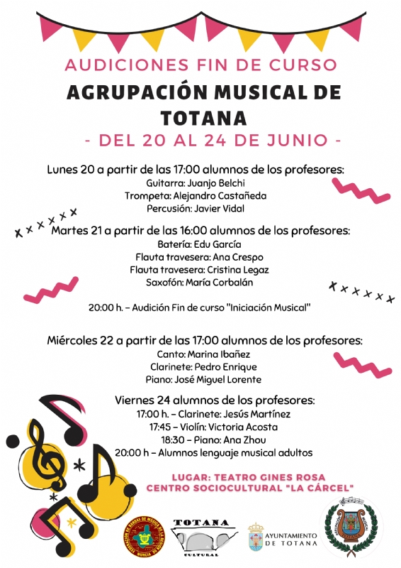 Las audiciones de fin de curso de la Agrupación Musical de Totana tendrán lugar del 20 al 24 de junio en el Teatro Ginés Rosa
