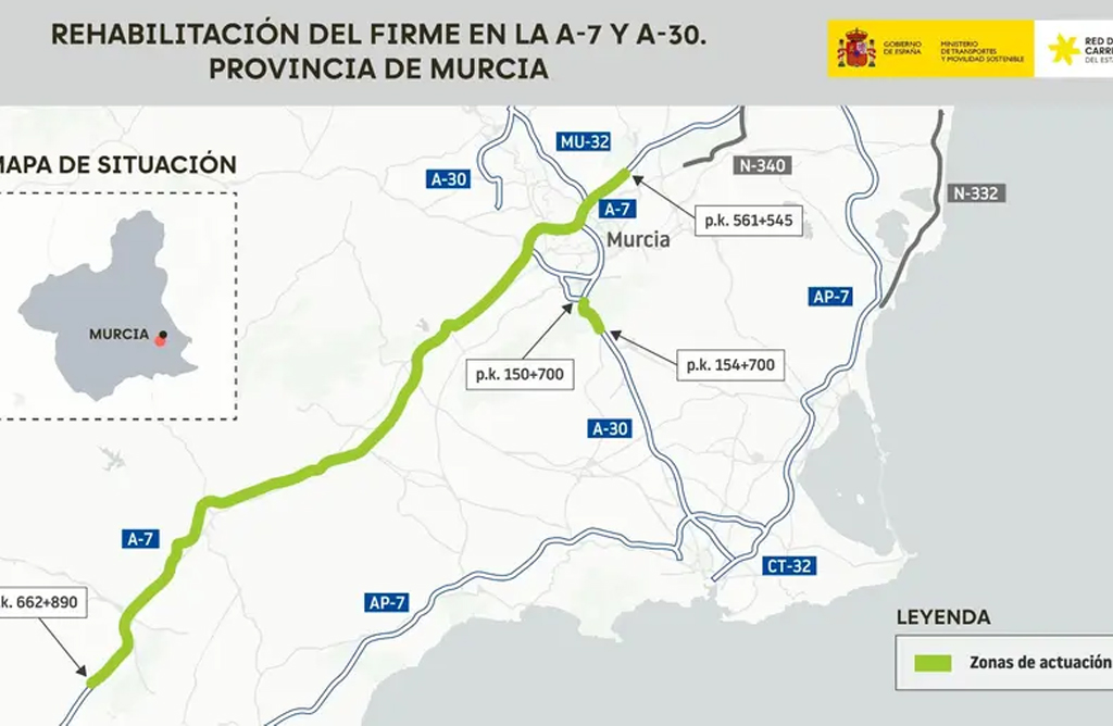 Transportes licita por 8,7 millones el reasfaltado de la A-7, que renovará la autovía a su paso por Totana